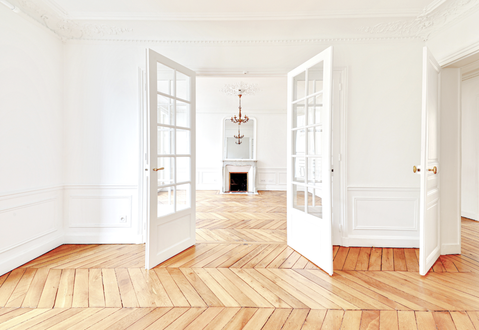 Intérieur haussmannien, parquet point de Hongrie, portes vitrées, cheminée