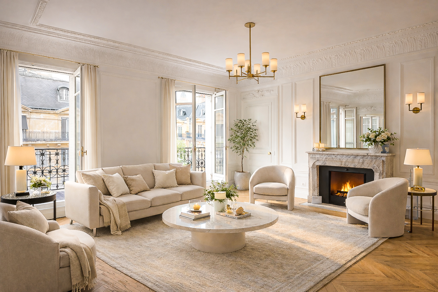 Appartement haussmannien rénové, salon avec parquet et cheminée